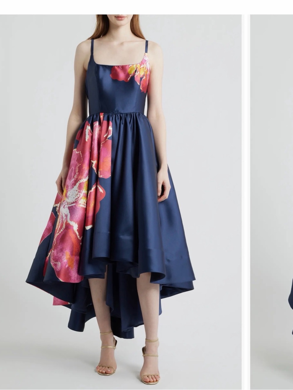 Hutch Navy Satin High-Low Dress with Pink Floral Panel